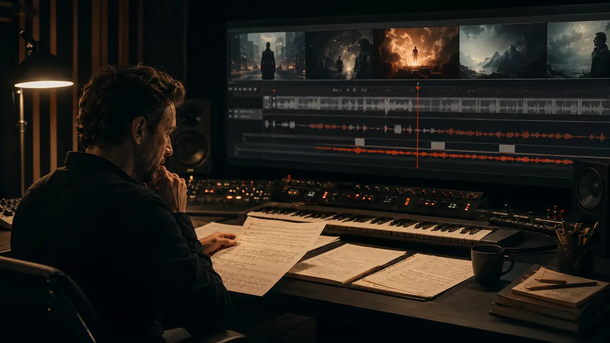 Compositor creando una banda sonora cinematográfica frente al montaje de una película