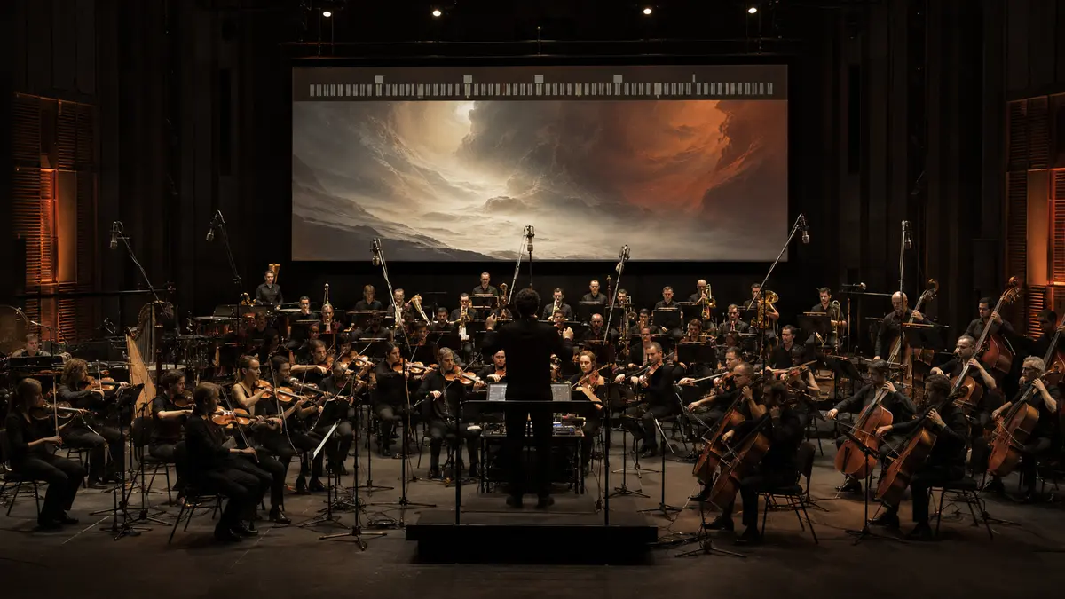 Orquesta grabando la banda sonora original de una película en un estudio