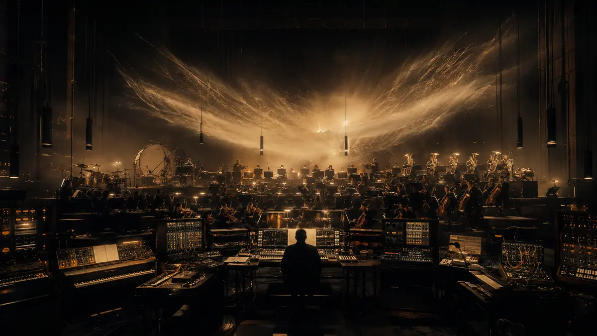 Orquesta y sintetizadores en una producción de banda sonora moderna inspirada en Hans Zimmer