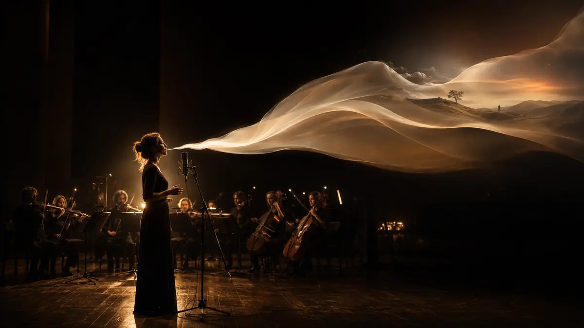 Voz solista y orquesta creando emoción cinematográfica con pocos elementos